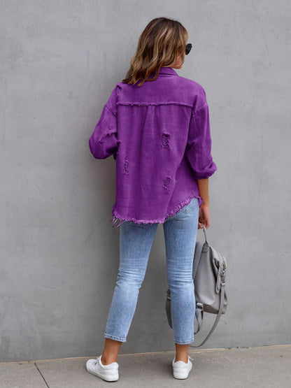 Fuchsia pink distressed drop shoulder denim jacket by Trendsi with frayed edges and relaxed fit, casual fashion outerwear.