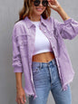 Fuchsia pink distressed drop shoulder denim jacket from Trendsi featuring ripped details and relaxed fit.