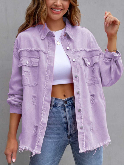 Fuchsia pink distressed drop shoulder denim jacket by Trendsi, featuring a relaxed fit and trendy worn-in look.