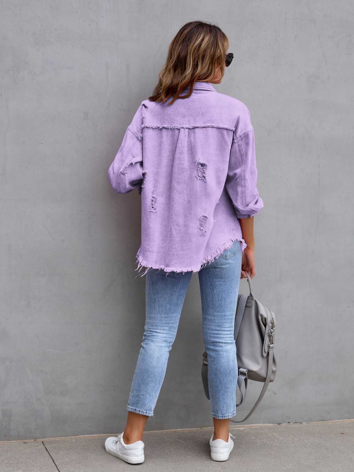 Fuchsia pink distressed drop shoulder denim jacket by Trendsi, featuring a casual, worn-in look with frayed edges and relaxed fit.
