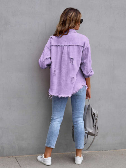 Fuchsia pink distressed drop shoulder denim jacket by Trendsi, featuring a casual, worn-in look with frayed edges and relaxed fit.