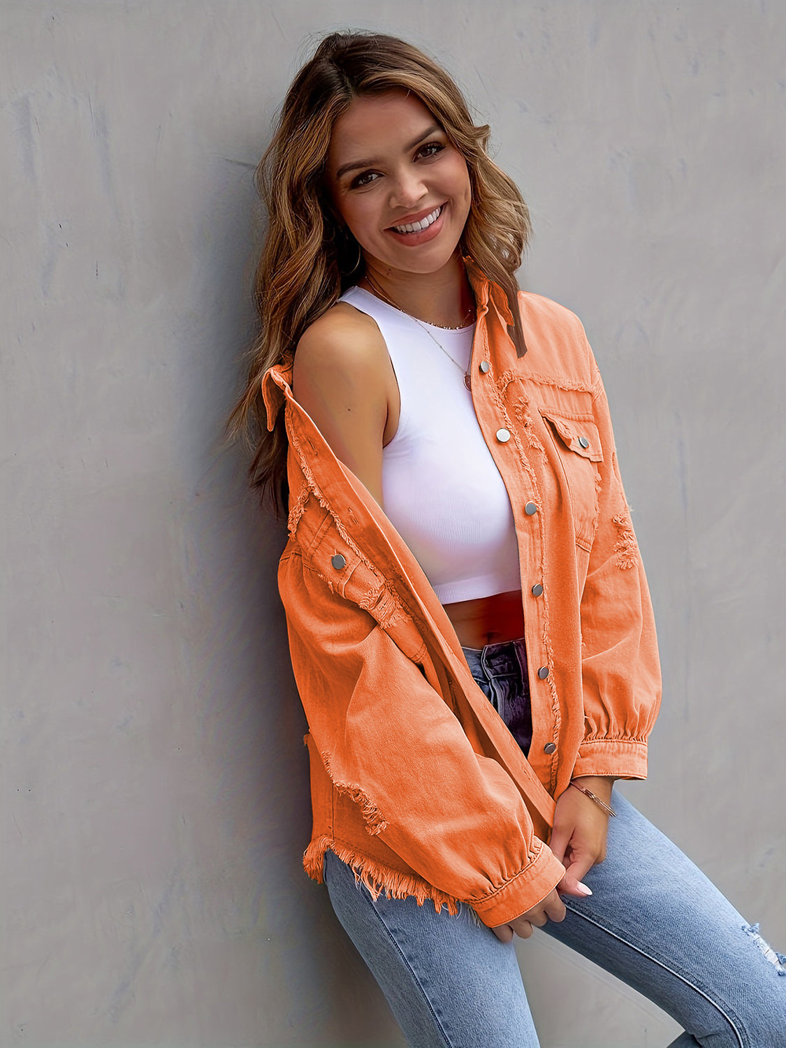 Fuchsia pink distressed drop shoulder denim jacket by Trendsi, featuring a relaxed fit and casual style.