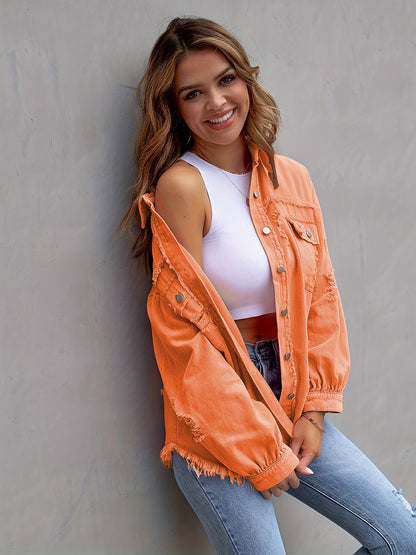 Fuchsia pink distressed drop shoulder denim jacket by Trendsi, featuring a relaxed fit and casual style.