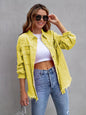 Fuchsia pink distressed drop shoulder denim jacket by Trendsi, featuring a relaxed fit and stylish distressed details.