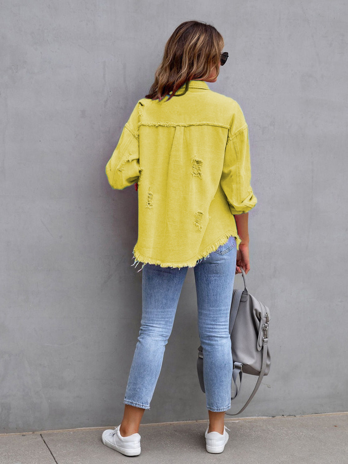 Fuchsia pink distressed drop shoulder denim jacket by Trendsi with a casual, relaxed fit and frayed edges.