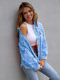Fuchsia pink distressed drop shoulder denim jacket by Trendsi featuring a casual, relaxed fit with frayed details and button closure.