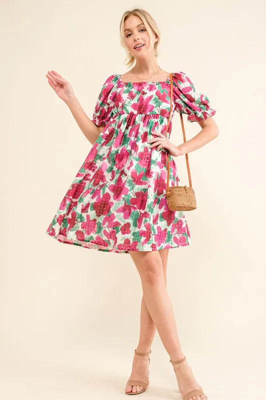 Fuchsia floral mini dress with smocked bodice and ruffle short sleeves, stylish and feminine, by Trendsi.