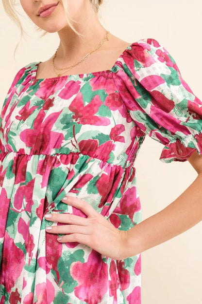Fuchsia floral mini dress with smocked bodice and ruffle short sleeves, trendy and stylish by Trendsi.