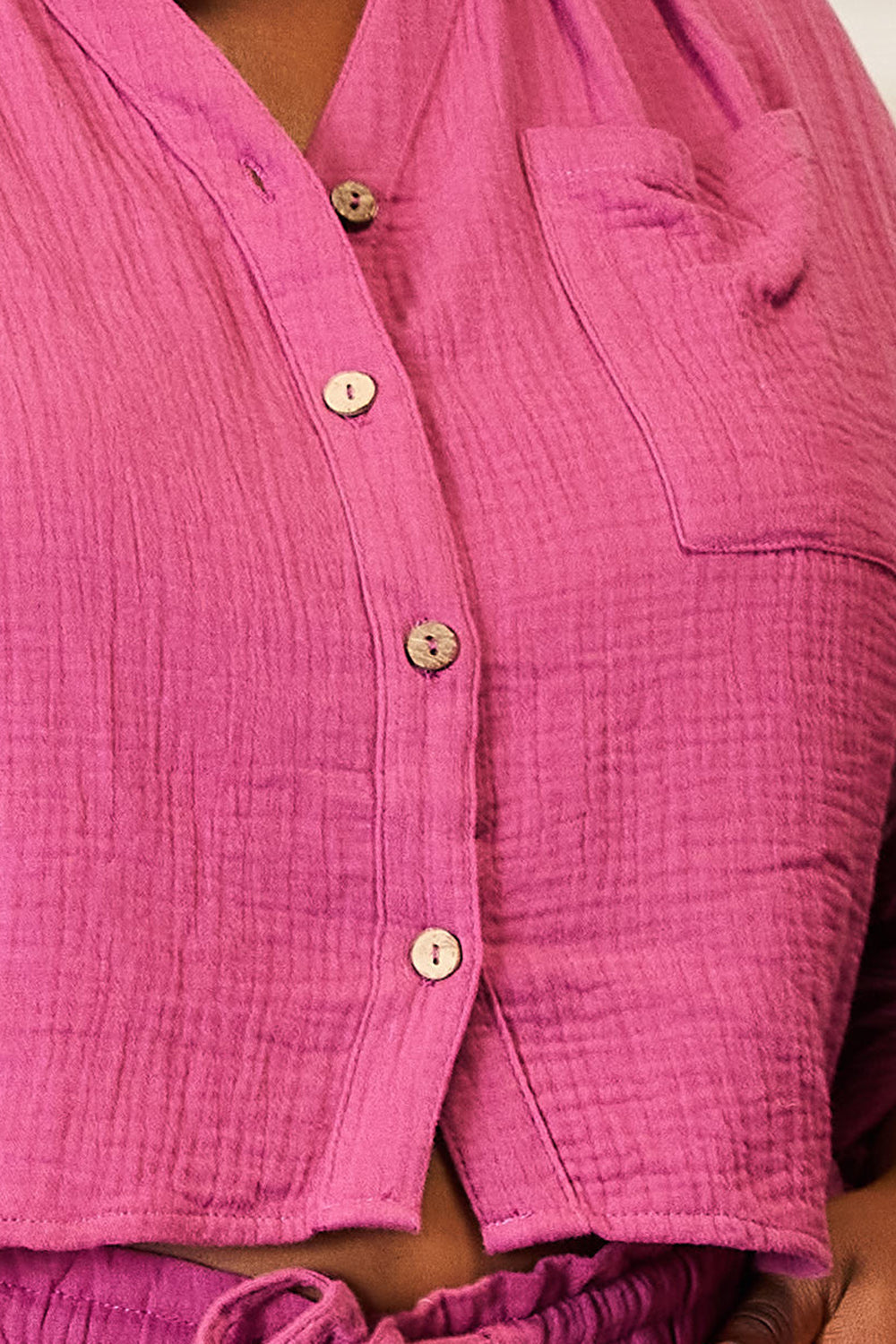 Fuchsia Trendsi Basic Bae buttoned long sleeve top and shorts set, casual and stylish summer outfit, front view.