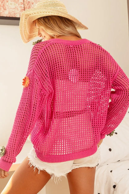 Fuchsia open-knit sweater cardigan with BiBi flower patches, long sleeves, and relaxed fit, casual trendy style by Trendsi