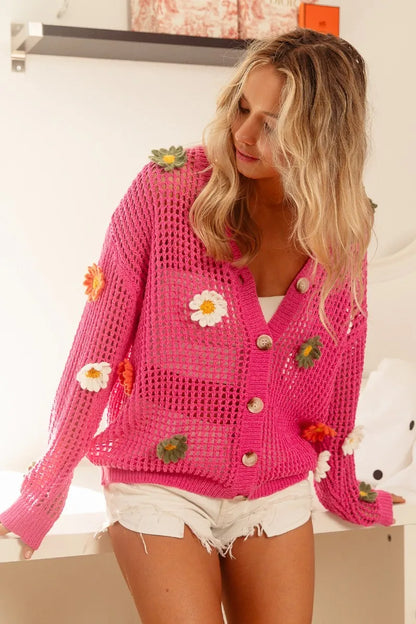 Fuchsia open-knit sweater cardigan with colorful BiBi flower patches, stylish and cozy for casual wear.