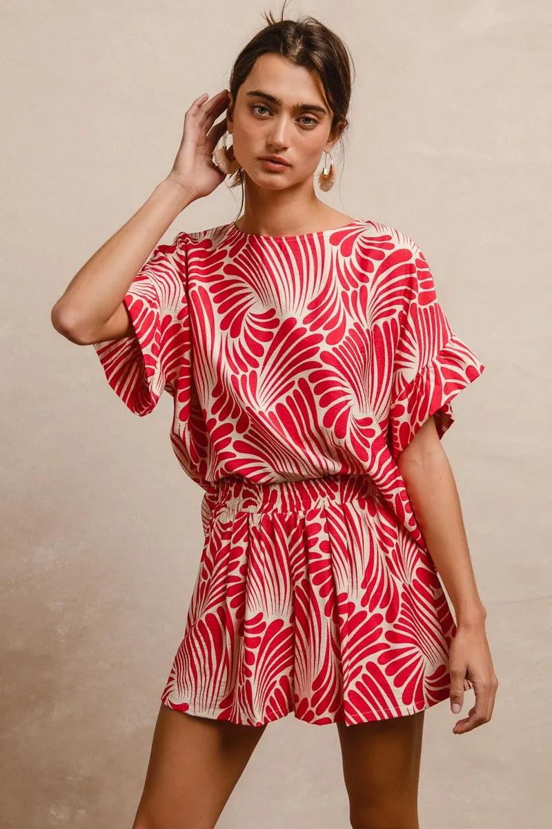Fuchsia BiBi print woven top with ruffled sleeves, stylish and lightweight blouse from Trendsi.