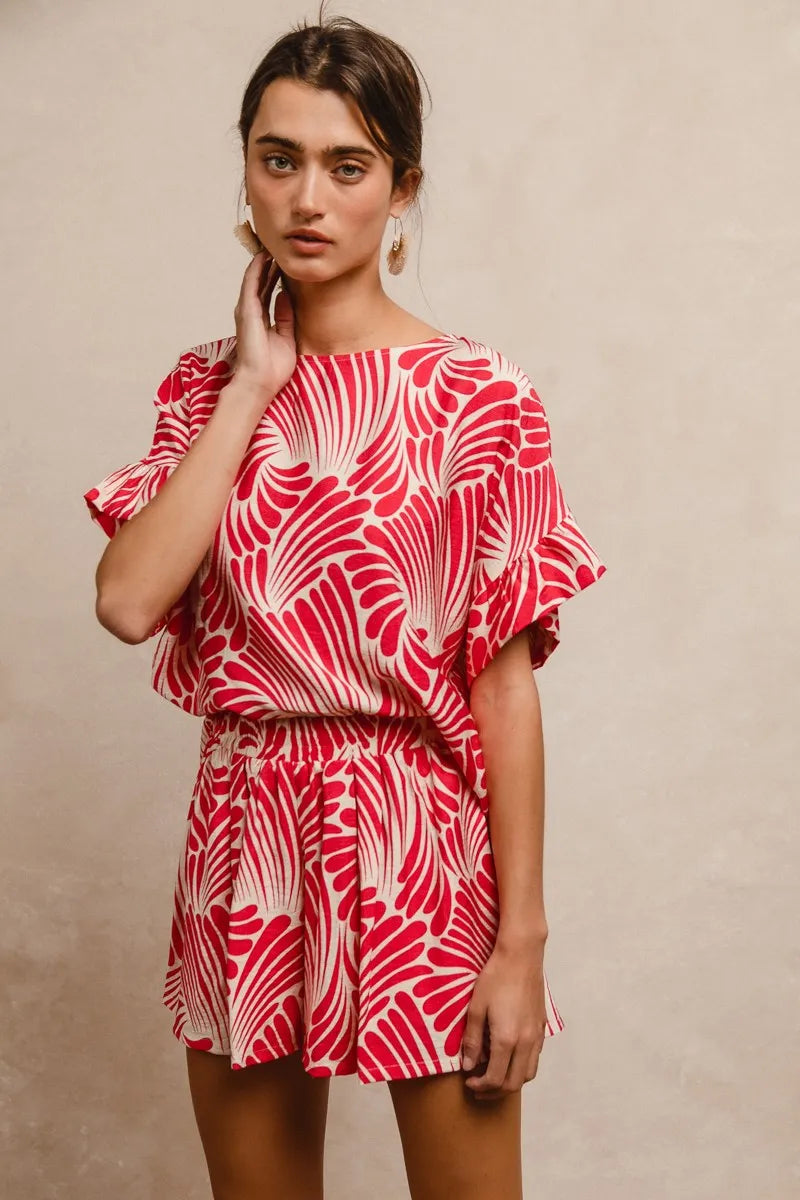 Fuchsia BiBi print woven ruffled sleeves top by Trendsi, featuring a stylish design with ruffles and a comfortable fit.