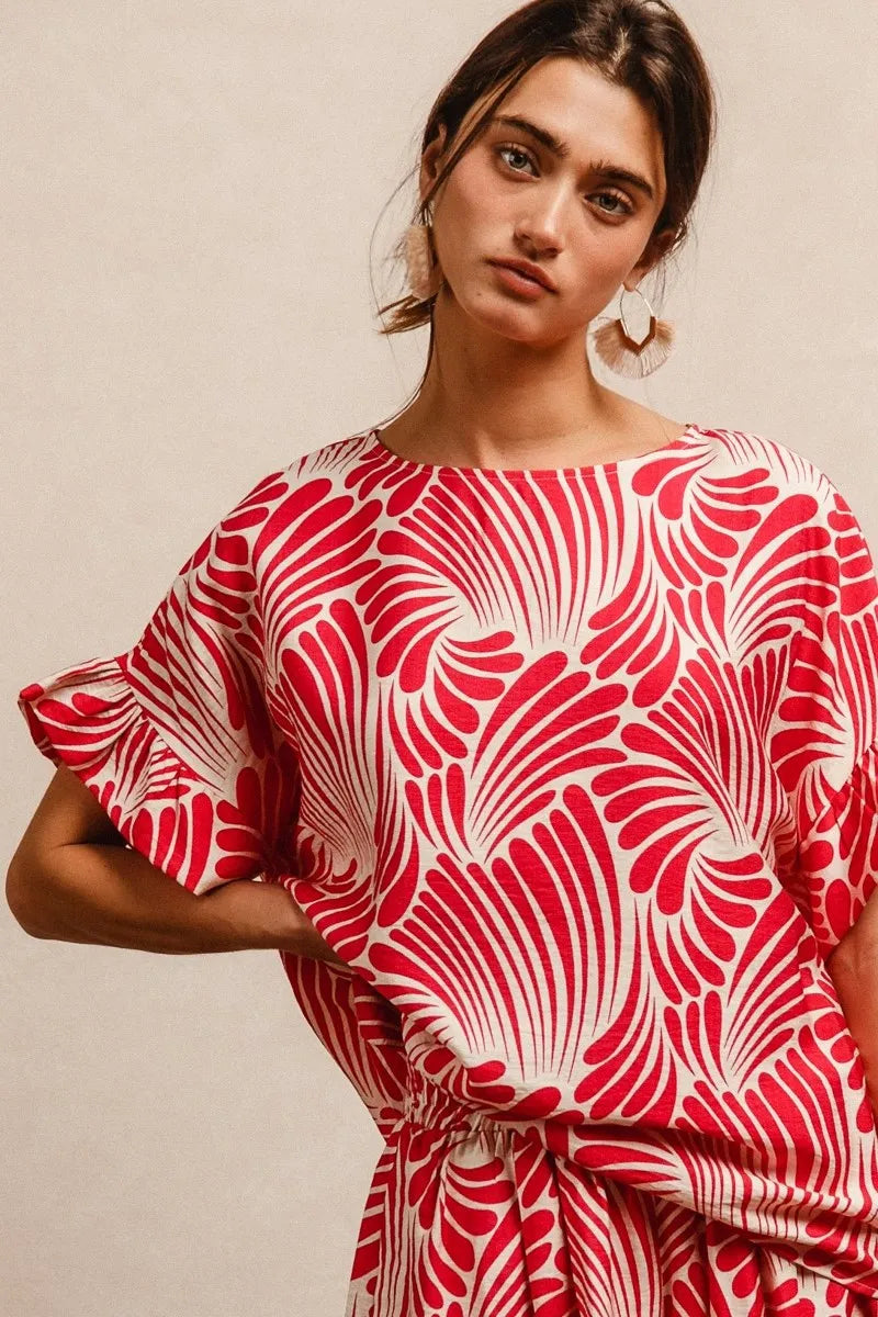 Fuchsia BiBi Print woven top with ruffled sleeves from Trendsi, featuring a stylish, lightweight design and vibrant print.