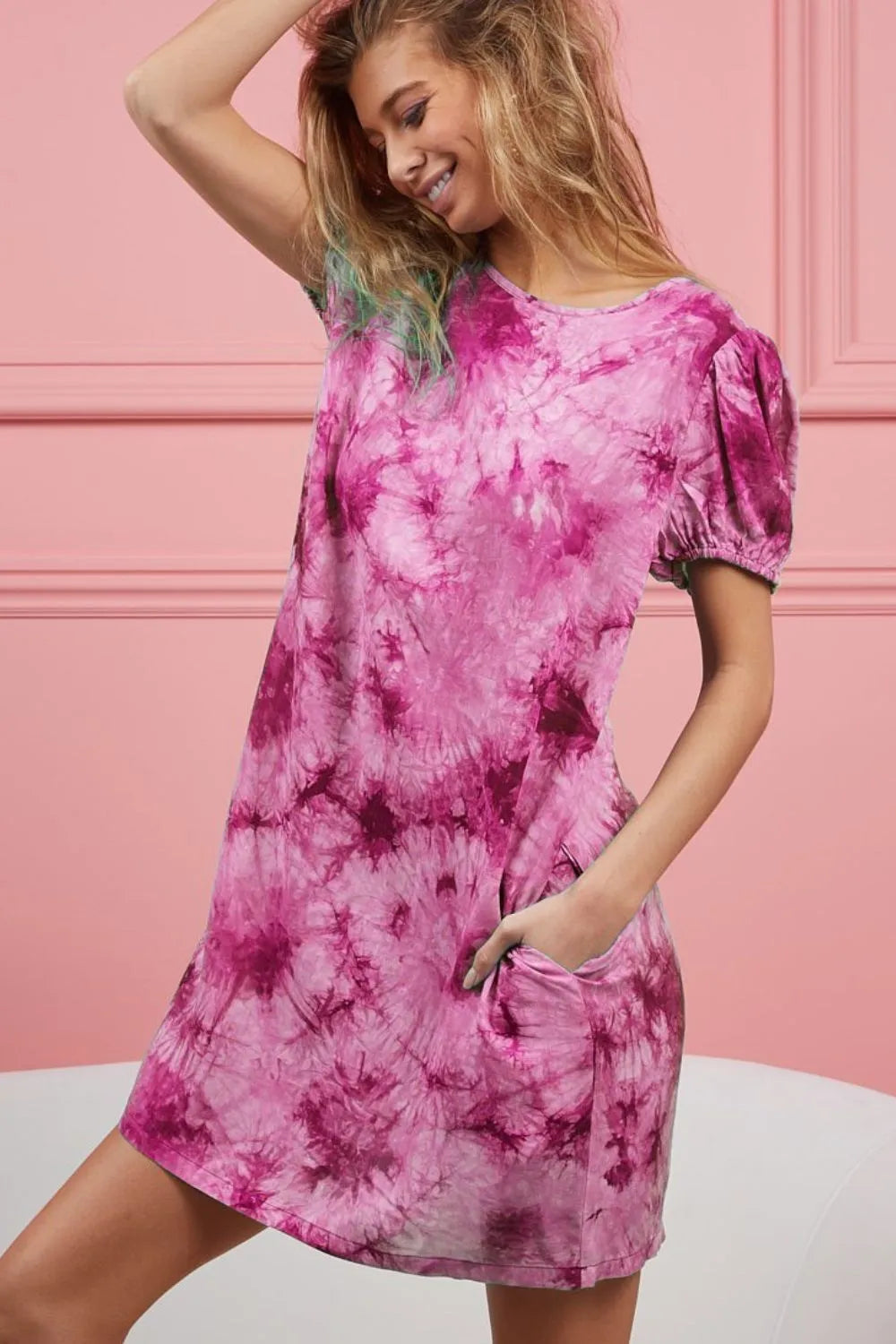 Fuchsia tie-dye BiBi puff sleeve dress with side pockets, casual and stylish, by Trendsi.