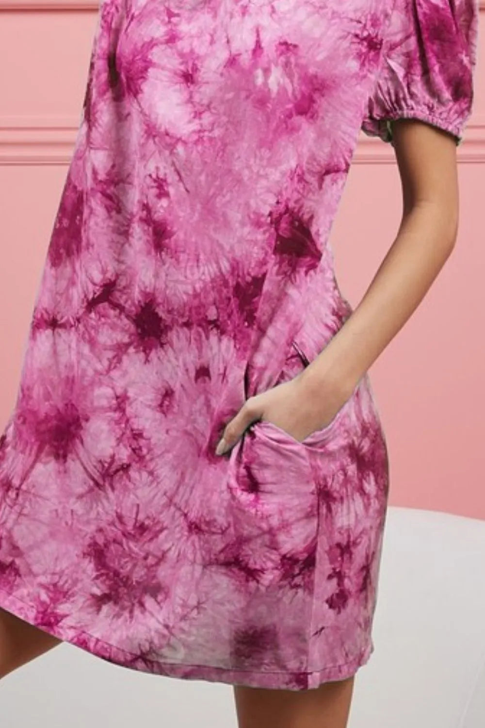 Fuchsia tie-dye BiBi puff sleeve dress with side pockets, stylish and casual women's dress by Trendsi.