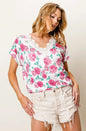 Fuchsia BiBi Rose printed poly span top with crochet lace detailing, stylish and lightweight for a trendy look.