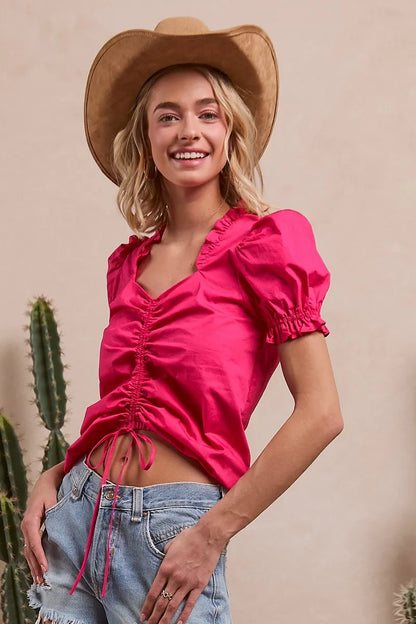 Fuchsia BiBi blouse with ruffled square neckline and front ruched puff sleeves, stylish and feminine fashion top by Trendsi.