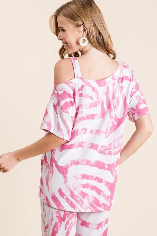 Fuchsia zebra print French Terry top and pants set by Trendsi, casual loungewear with bold animal print and comfortable fit.