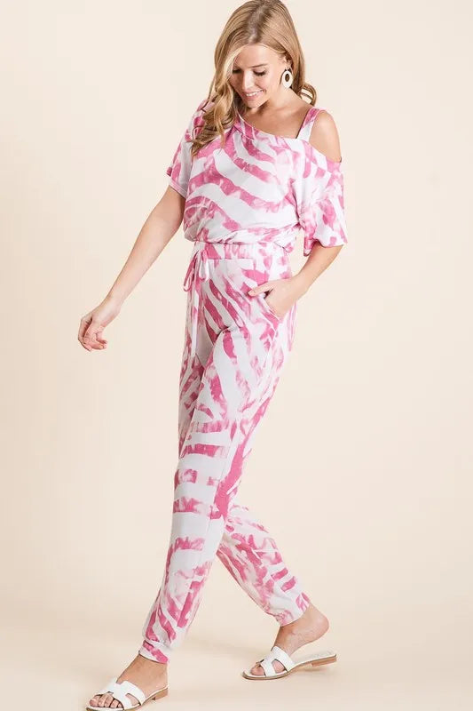 Fuchsia zebra print French terry top and pants set by BiBi, featuring a relaxed fit and stylish animal print design.