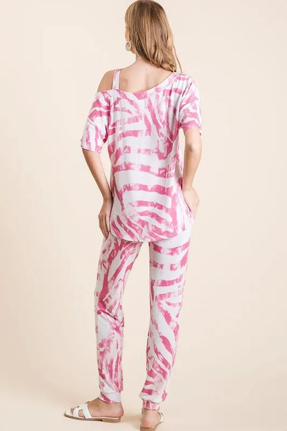 Fuchsia BiBi zebra print French terry top and pants set by Trendsi, soft fabric, stylish loungewear for women.