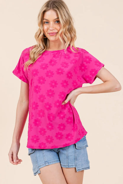 Fuchsia BOMBOM textured floral pattern short sleeve T-shirt by Trendsi, showcasing vibrant floral design and soft fabric.