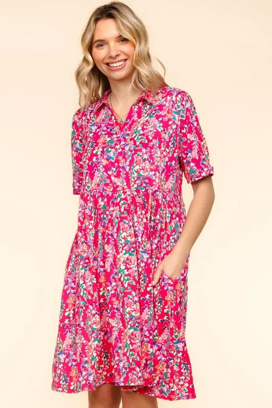 Fuchsia Haptics Johnny Collar Babydoll Dress by Trendsi featuring side pockets and a playful, relaxed fit.