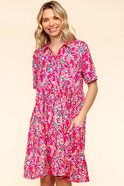 Fuchsia Haptics Johnny Collar Babydoll Dress by Trendsi featuring side pockets and a playful, relaxed fit.
