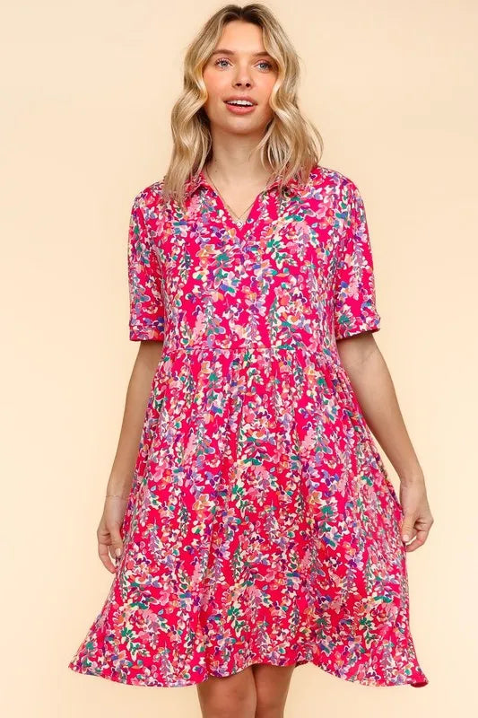 Fuchsia Haptics Johnny Collar Babydoll Dress with side pockets, stylish and lightweight, featuring a feminine collar and relaxed fit.