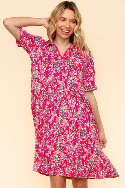 Fuchsia Haptics Johnny Collar Babydoll Dress with side pockets, featuring a relaxed fit and stylish collar detail.
