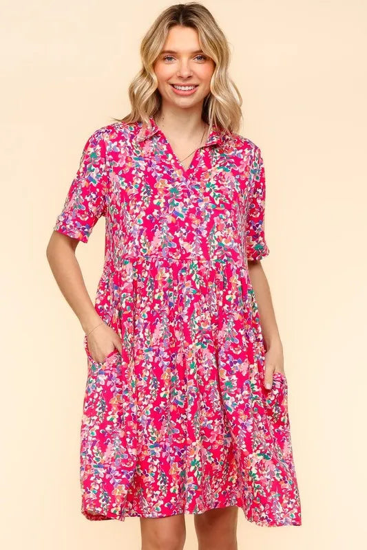 Fuchsia Haptics Johnny Collar Babydoll Dress with side pockets, featuring a relaxed fit and stylish collar detail.