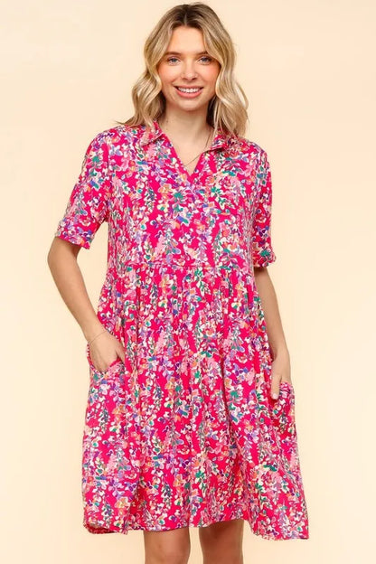 Fuchsia Haptics Johnny Collar Babydoll Dress with side pockets, featuring a relaxed fit and stylish collar detail.