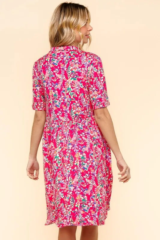 Fuchsia Haptics Johnny Collar Babydoll Dress with side pockets, featuring a relaxed fit and stylish design.