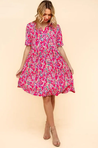 Fuchsia Haptics Johnny Collar Babydoll Dress with side pockets, featuring a relaxed fit and stylish collar detail.