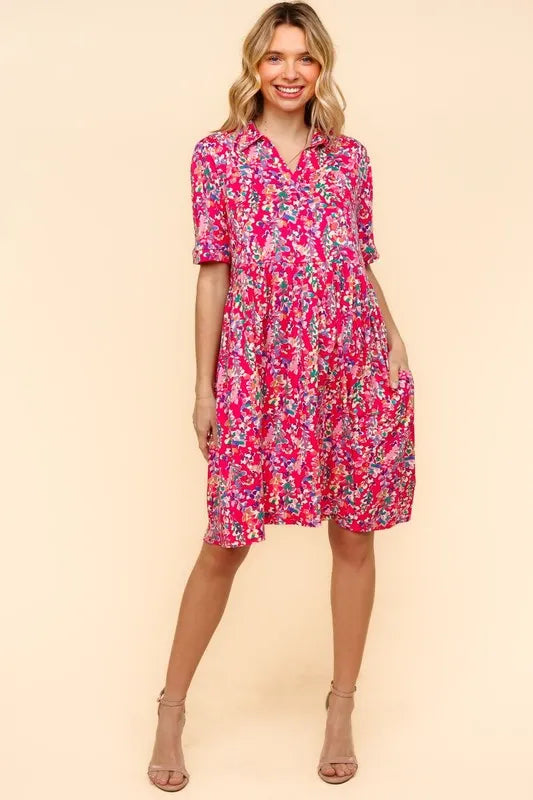 Fuchsia Haptics Johnny Collar Babydoll Dress with side pockets, featuring a relaxed fit and stylish collar, designed by Trendsi.