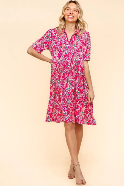 Fuchsia Haptics Johnny Collar Babydoll Dress with side pockets, featuring a relaxed fit and stylish collar detail.