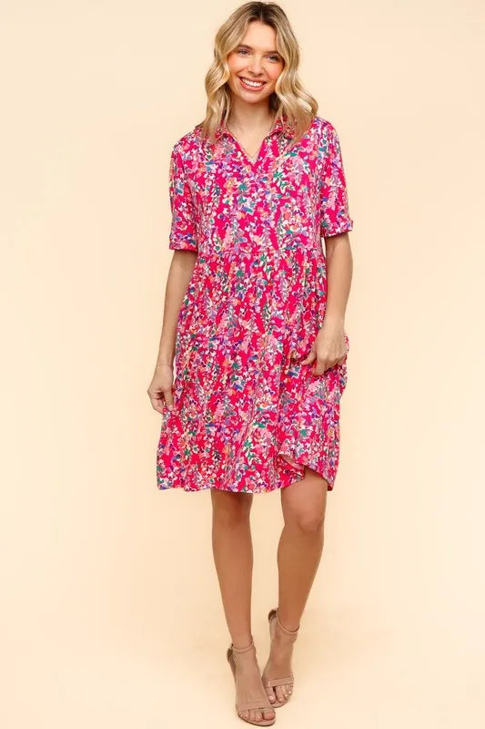 Fuchsia Haptics Johnny Collar Babydoll Dress with side pockets, casual fit, and stylish design.