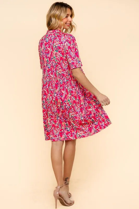 Fuchsia Haptics Johnny Collar Babydoll Dress with side pockets, featuring a relaxed fit and stylish collar detail.