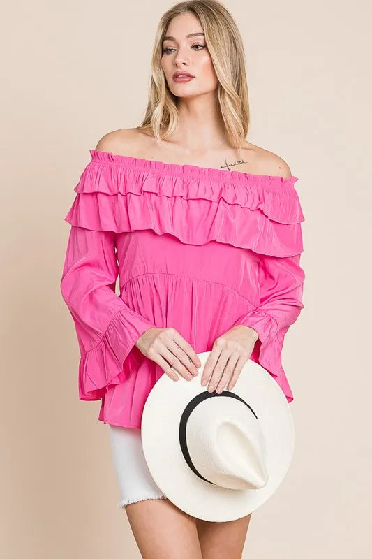 Fuchsia lime 'N' Chili ruffled trumpet sleeve off-the-shoulder top by Trendsi, showcasing its vibrant color and stylish design.