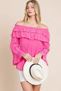 Fuchsia lime 'N' Chili ruffled trumpet sleeve off-the-shoulder top by Trendsi, showcasing its vibrant color and stylish design.
