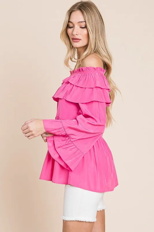 Fuchsia Lime 'N' Chili ruffled trumpet sleeve off-the-shoulder top by Trendsi, showcasing its vibrant color and stylish design.