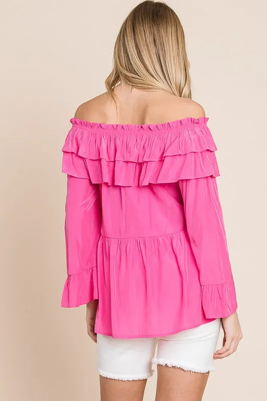 Fuchsia Lime 'N' Chili ruffled trumpet sleeve off-the-shoulder top by Trendsi, featuring vibrant color and feminine design details.