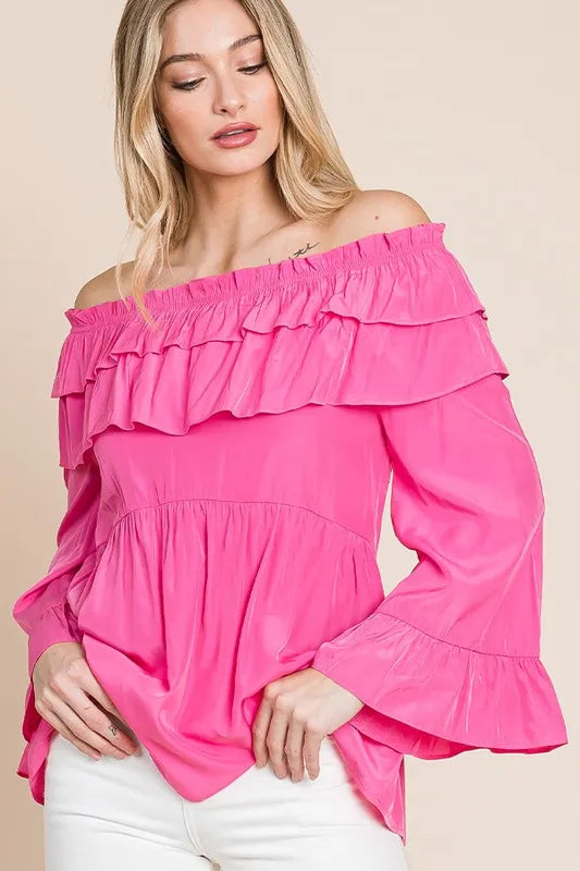 Fuchsia Lime 'N' Chili ruffled trumpet sleeve off-the-shoulder top by Trendsi, featuring vibrant color and stylish sleeve detail.