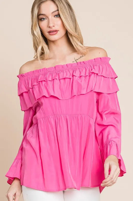 Fuchsia lime 'N' Chili ruffled trumpet sleeve off-the-shoulder top by Trendsi, featuring vibrant colors and feminine style.