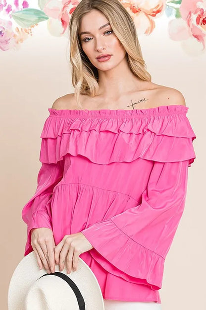 Fuchsia lime 'N' Chili ruffled trumpet sleeve off-the-shoulder top by Trendsi, featuring vibrant colors and stylish design.