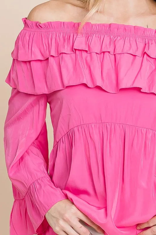 Fuchsia lime 'N' Chili ruffled trumpet sleeve off-the-shoulder top by Trendsi, showcasing vibrant colors and stylish design.