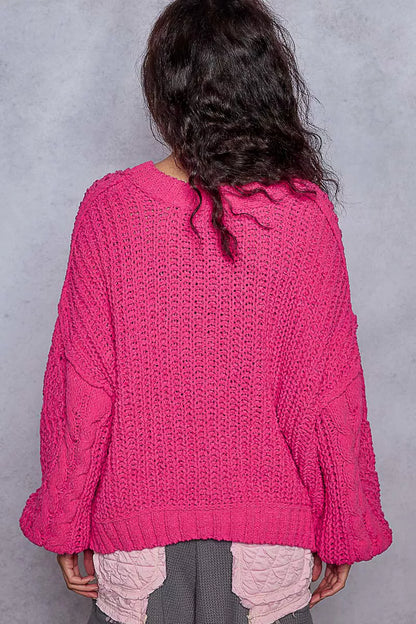 Fuchsia POL Cable-Knit Solid V-Neck Cropped Sweater by Trendsi, front view showing cable knit texture and V-neck design.