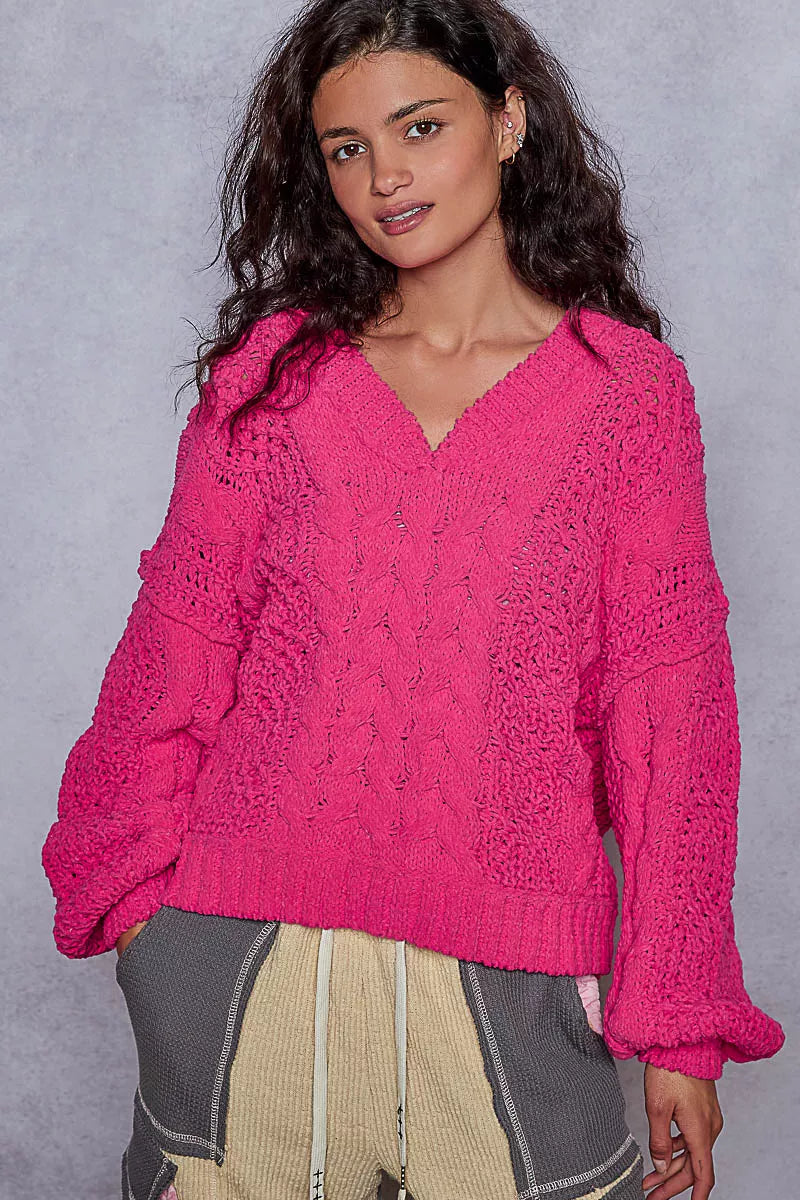 Fuchsia POL Cable-Knit Solid V-Neck Cropped Sweater by Trendsi, showcasing a stylish knit pattern and V-neck design.