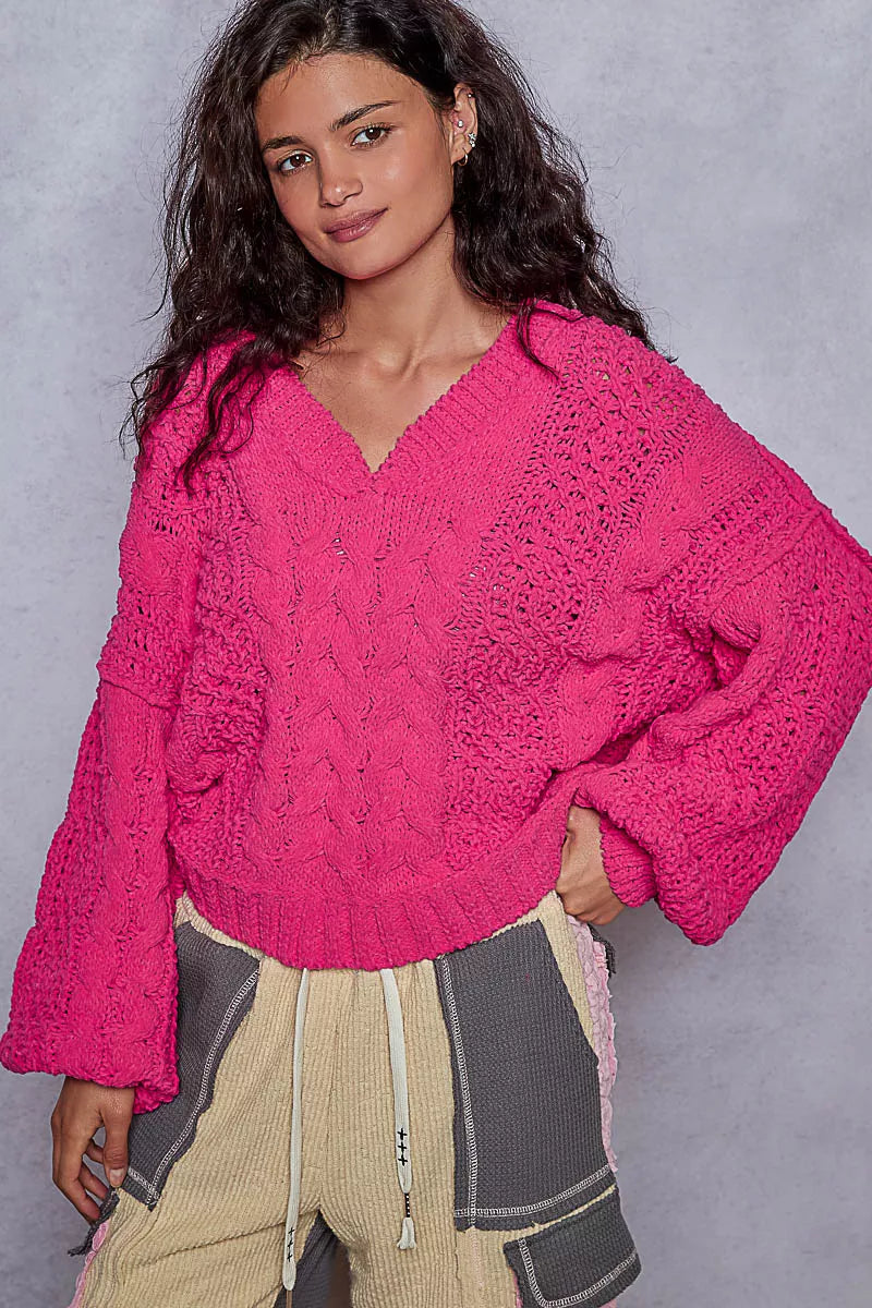 Fuchsia POL cable-knit solid V-neck cropped sweater by Trendsi, featuring a fitted V-neck design and textured knit pattern.