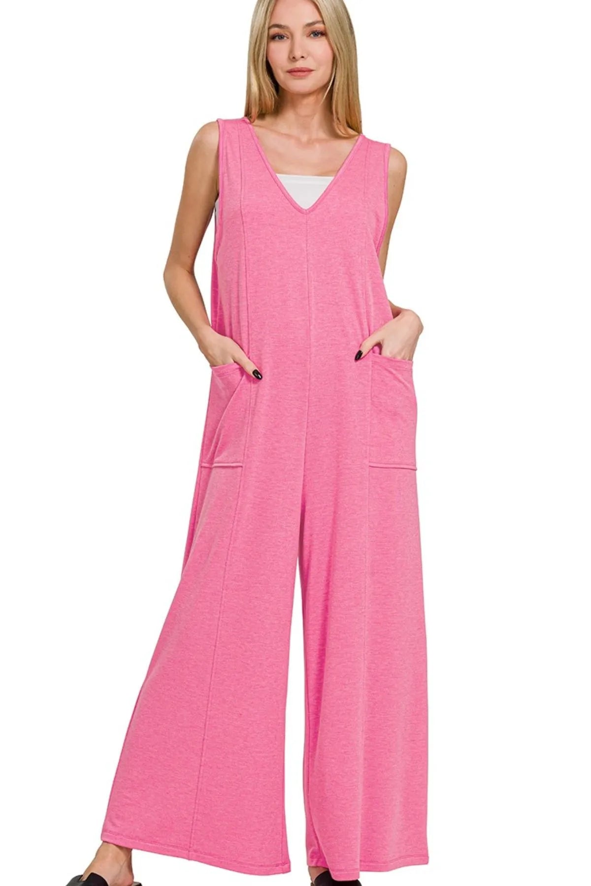 Fuchsia Zenana French Terry deep V neck jumpsuit with long sleeves and relaxed fit, casual and comfortable women's loungewear.
